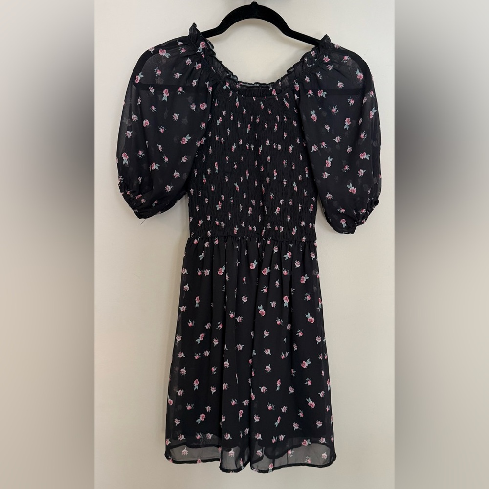 Nordstrom Truly Me Girls Black Floral Balloon Sleeve Chiffon Dress - Size 10
